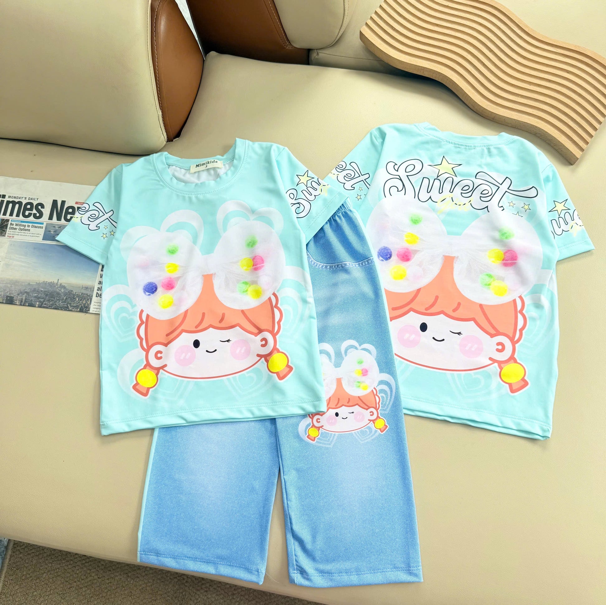 Girls 3D Cotton Long Pants Set