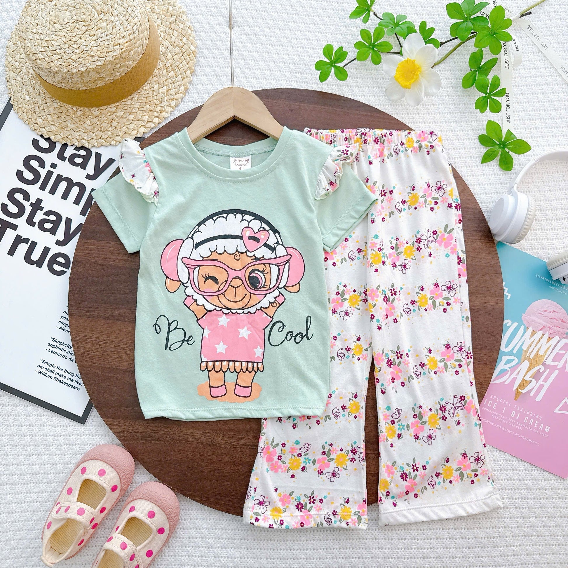 Girls Ruffles Sleeves Bell Bottom Pyjamas